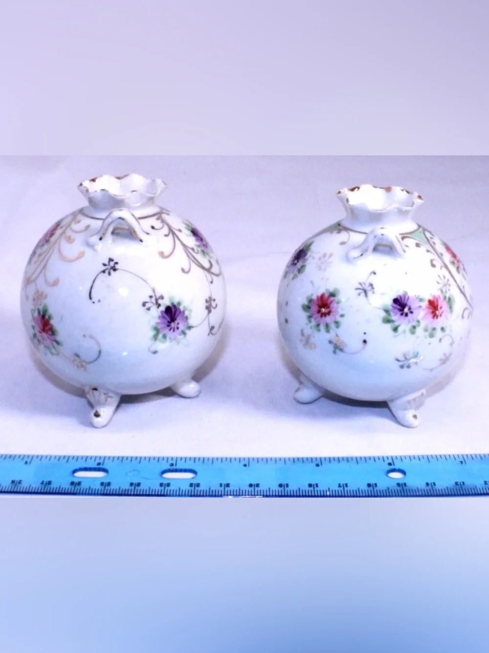 Set of 2 Floral Porcelain Bud Vases - White with Pink & Purple Flowers Gold Trim